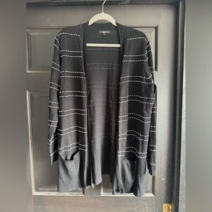 Black Long Cardigan with White Embroidered Striping